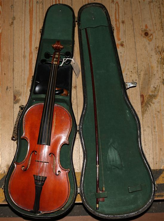A violin and bow, cased
